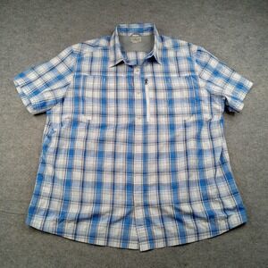 LL Bean Shirt Mens XL Blue Plaid Button Front Short Sleeve Vented Casual Hiking